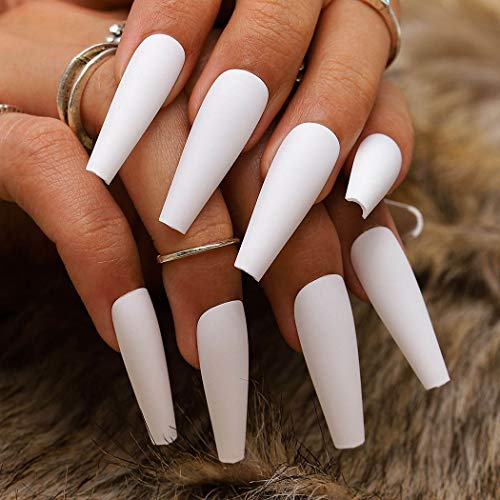 Harosy Extra Long Press on Nails Coffin Fake Nails Matte Ballerina Acrylic False Nail Tips for Women and Girls 24Pcs (White)