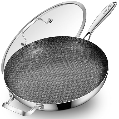 Bzayeat 14-Inch Nonstick Hybrid Frying Pan with Lid, Ceramic Coated Tri-Ply Stainless Steel Induction Chef's Pan, Large Skillet, PFOA Free, Oven & Dishwasher Safe for All Stoves, Detachable Handle