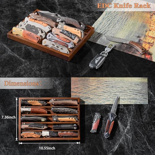 Image of Large Pocket Knife Organizer & Display Holder, Wooden EDC Tray for Folding Knives, Flashlights & Challenge Coins (Walnut, 1 Pack)