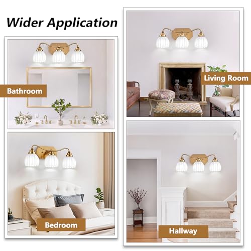Image of Vintage Bathroom Light Fixtures, Gold Bathroom Vanity Light, Matte Antique Brass Finish with Crystal Glass Shade, Wall Sconces Lighting for Bedroom, Living Room, Hallway (Milk White, 3-Light