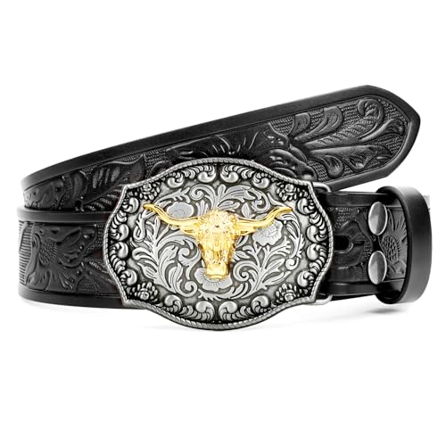 VONMELLI Western Belt for Men Women, Embossed Leather with Bull Buckle