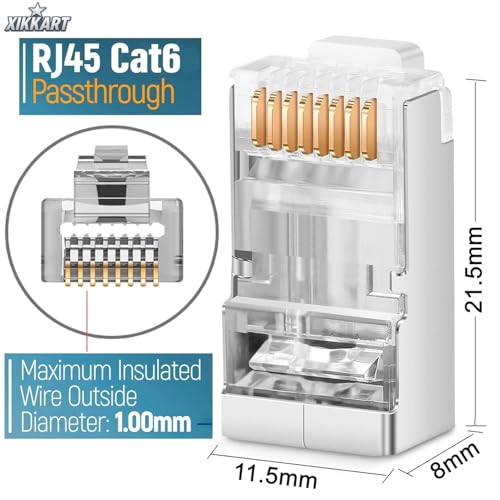 Image of XIKKART Cat6 RJ45 Pass Through Connectors (100 Pack) | Gold-Plated Modular Plugs for Solid & Stranded Ethernet Cable | Easy Crimp Network Plug for Cat6, Cat5e, Cat5 LAN Cable | (100-Pcs)