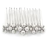 Colección: floral, perlas. Peineta Avalaya, para novia, graduación, boda, fiesta; chapada en rodio, con perlas de cristal blanco, cristal austriaco transparente, adorno floral (60 mm de ancho)