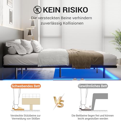DICTAC Bett 120x200 cm mit LED Beleuchtung Bettgestell 120x200 mit Lattenrost aus Metall Bettrahmen Erwachsene Floating Bed Frame mit Licht-Robust und Stabil,Leichte Montage,Schwarzer(ohne matratze)