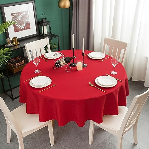 Qidordour Round Tablecloth, 60 inch Diameter, Faux Linen Table Cloth, Water Resistant Spill-Proof Wipeable Polyester Dining Table Cover for Kitchen Cafe Restaurant Buffet Tabletop Decoration, Red