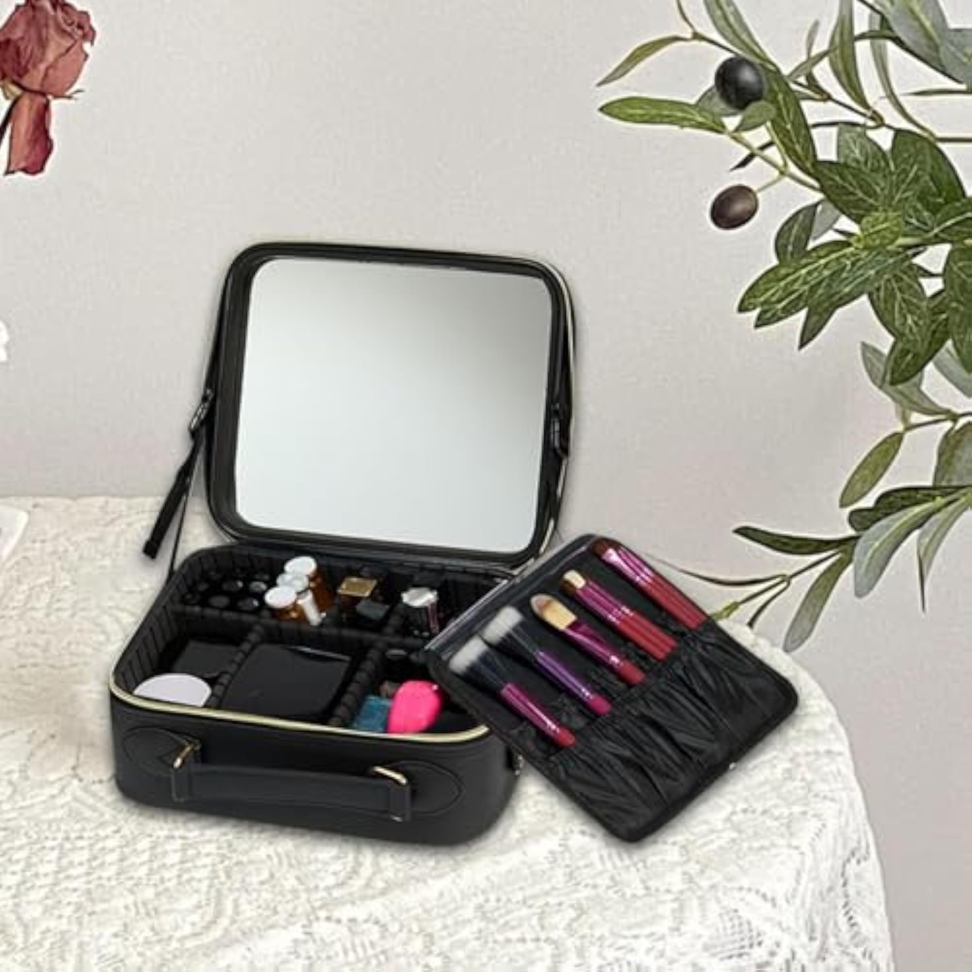 Portable Makeup Box Organizer with Mirror, Black