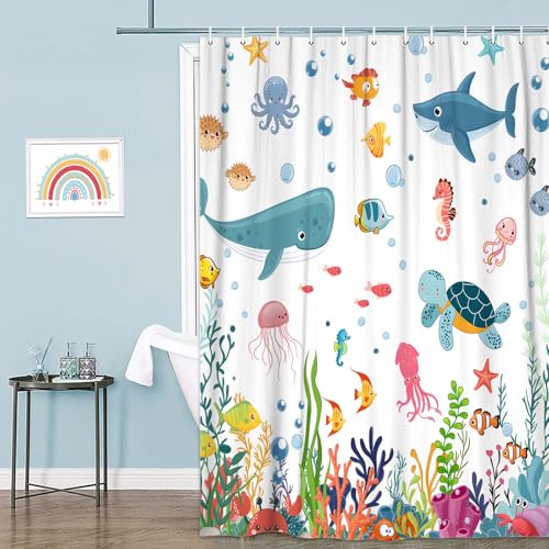 Image of Ocean Underwater World Kids Shower Curtain, Cute Sea Turtles Dolphins Fish Coral Reef Bathroom Decor for Boys Girls, Waterproof Polyester Fabric with 12 Hooks, Blue Marine Theme Bath Curtain