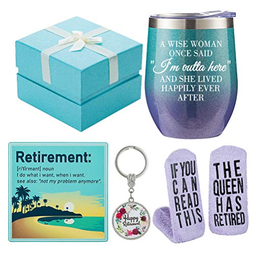 Product Image of the Mavisgift Retirement Gifts for Women 2022 - Funny Wine Gift Basket for Retiring Friends, Boss, Coworkers, Teachers, Nurses, Mom, Grandma - Humorous Retired Wine Tumbler, Socks, Coaster, Keychain