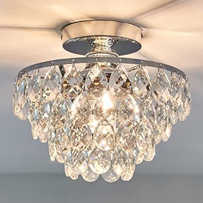 YYJLX Modern E26 Small Crystal Chandelier Semi Flush Mount Ceiling Light Fixture Silver Ceiling Lamp for Hallway Bedroom Bathroom Closet Bedroom Foyer ?Chrome?