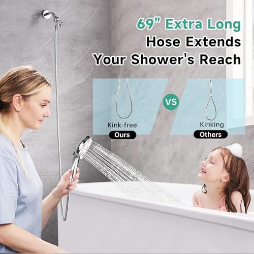 Image of BRIGHT SHOWERS High Pressure Shower Head with Handheld, 9 Spray Settings Showerhead Built in Power Wash to Clean Tub and Pets, Extra Long 69 inch Hose, Adjustable Bracket, Chrome