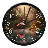 Wanduhr, Dschungelwald, Flamingo, 24 cm, leise, nicht tickend, leicht zu lesen, modern, dekorativ für Zuhause, Büro, Schule
