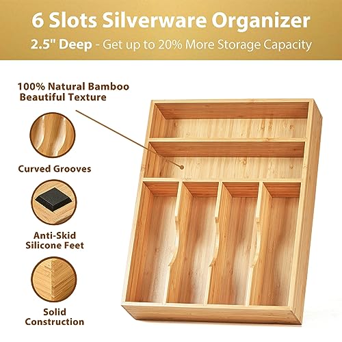 Umilife Kitchen Drawer Organizer, 12 Inch Silverware Utensil Tray Holder, Extra Deep, with Non-Slip Feet & Grooved Drawer Divider, 6 Slots Total Bamboo Wood Caddy for Flatware Cutlery Knives