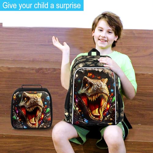 Image of 16 inch Dinosaur Backpack for Boy, 3Pcs Kids Bookbag for Elementary Preschool Kindergarten, Diamond School Backpacks with Lunch Box (Black)