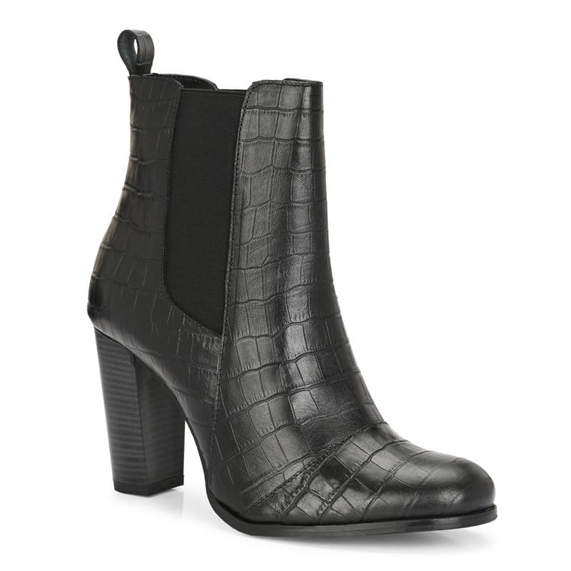 Women's Black Croc-Pattern Ankle Boots High Block Heel & Elastic Side Panel (803)-image-17