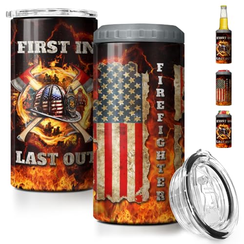 Image of SANDJEST Firefighter Tumbler American Flag 4 in 1 12oz Tumbler Can Cooler Coozie Skinny Stainless Steel Tumbler Gift for Firemen Fire Department Dad Men Father Graduation Retirement