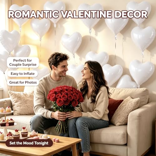 Image of 50 Pcs White Heart Balloons,5 Inch and 10 Inch Heart Foil Balloons Love Balloon Valentine Balloon for Birthday Party Wedding Engagement Party Baby Shower Valentine Day Decorations