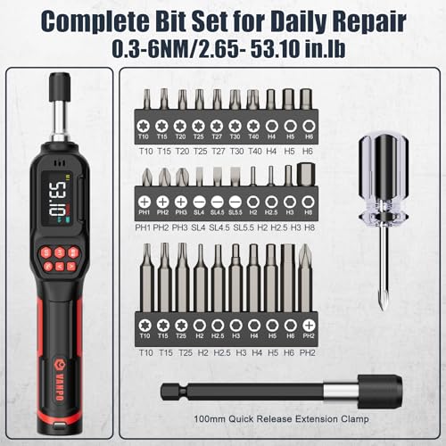 Image of VANPO Digital Torque Screwdriver, 2.65-53.10 in.lb, ±2% Accuracy | 0.3-6Nm, 1 /4 Torque Screwdriver Set with 31Bits,LCD Display & Audible Buzzer for Bike ,Scope Mounting & Precision Electronics