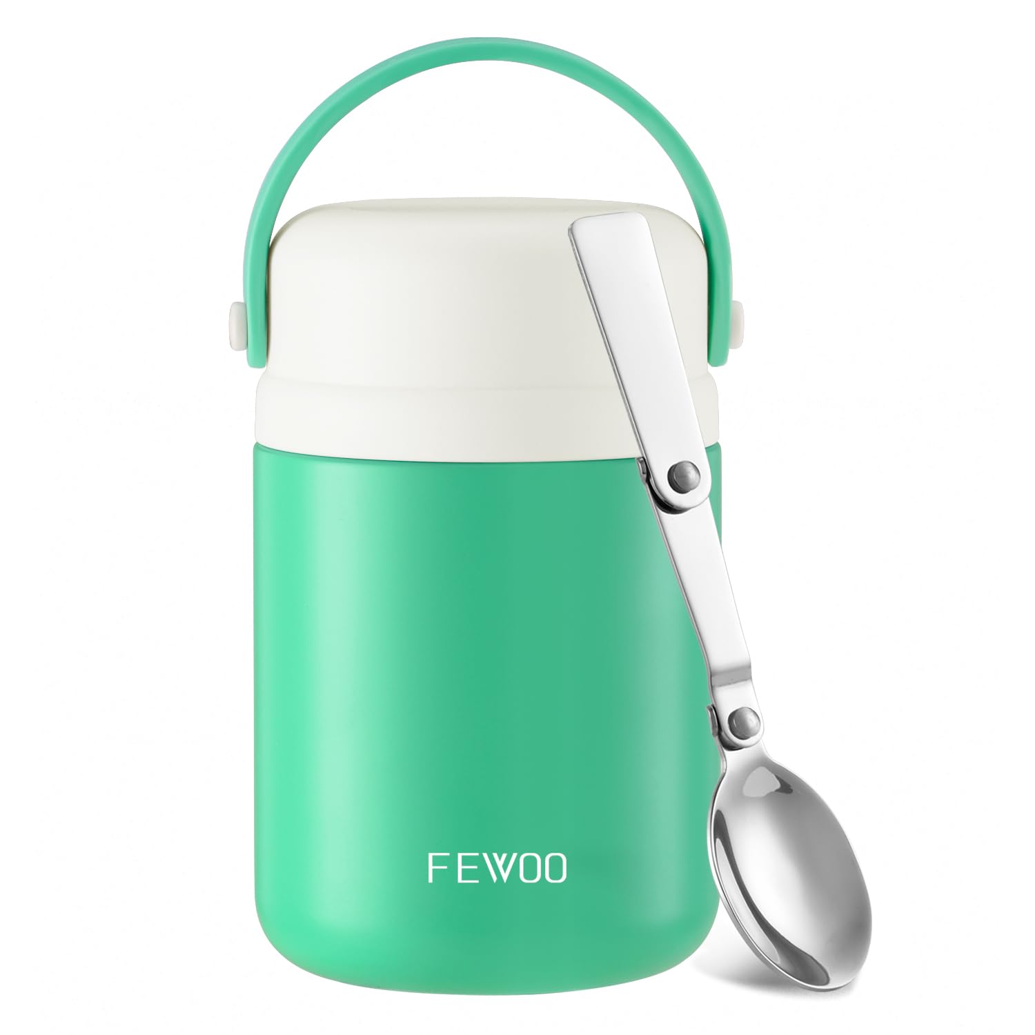 FEWOOFood Jar, 20oz Insulated Lunch Soup Container for Hot Cold Food for Kids Adults, Leak Proof Vacuum Stainless Steel Food Jar with Folding Spoon for School Travel Outdoors (Green)