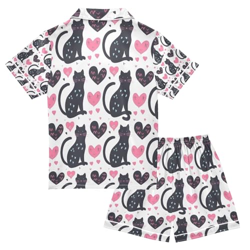 senya Black Cat with Love Satin Summer Pajama Sets Silk Short Sleeve Button Down Sleepwear2
