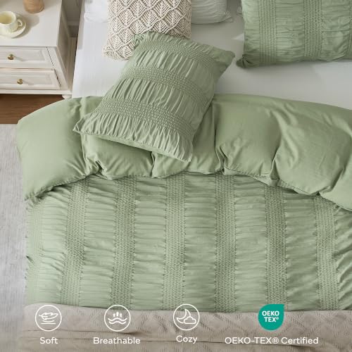 Image of JELLYMONI Light Green Duvet Cover Full Size, 3pcs Washed Microfiber Bedding Set, Soft Breathable Wide Seersucker Duvet Cover Set with Zipper Closure and Corner Ties for All Seasons