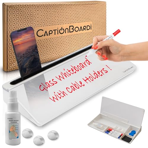 Image of 15-Inch Desktop Whiteboard - Glass Dry Erase Board for Desk Whiteboard with Stand with 3 Markers, Spray Bottle, 3 Cable Holders & Storage Box Work from Home Office Gadgets, White