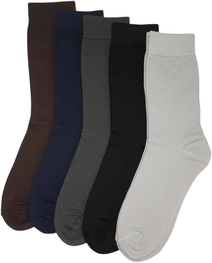 - Men Plain Full Length Cotton Socks, Combed Cotton with Elastane, Regular Fit, Pack of 5 Pairs