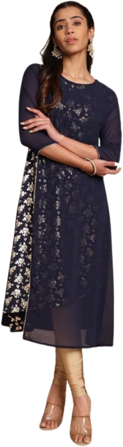 DANINAS Women’s Navy Blue Embroidered Floral Dress with Sheer Sleeves