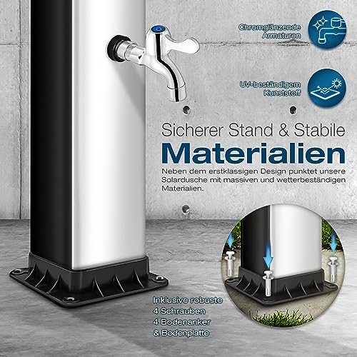 tillvex Solardusche 40 Liter inkl. Schutzhaube | Solar Garten-dusche warmes Wasser | Pooldusche Camping | ohne Stromanschluss | mit Wasserhahn und Regenduschkopf | Gartenschlauch-Anschluss