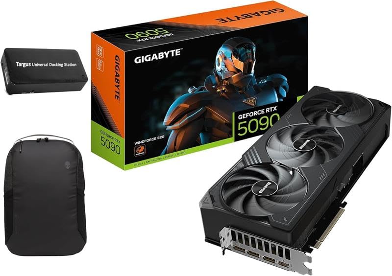 Image of GIGABYTE GeForce RTX 5090 WINDFORCE OC 32G Graphics Card, WINDFORCE Cooling System, 32GB 512-bit GDDR7, GV-N5090WF3OC-32GD Video Card Bundle with Targus dockstation and Alinware Backpack