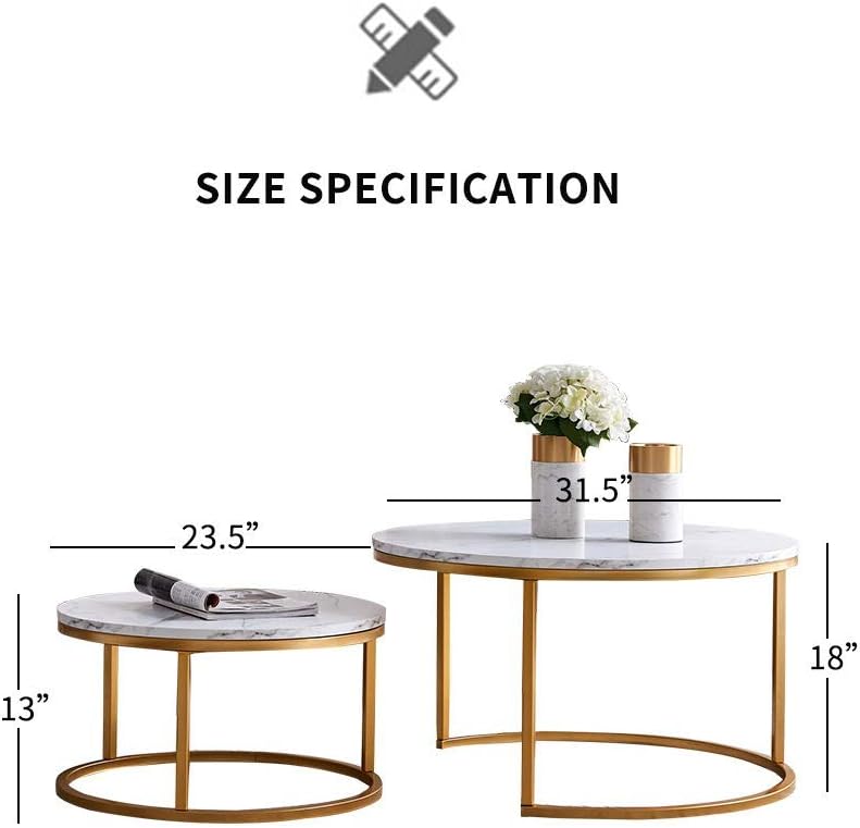Modern Nesting Coffee Tables Set for Living Room, Office, Balcony, Modern Round Wood Accent Coffee Table MDF Faux Marble Tabletop w/Gold Color Frame, Easy Assembly- Set of 2 (Gold) : Home & Kitchen