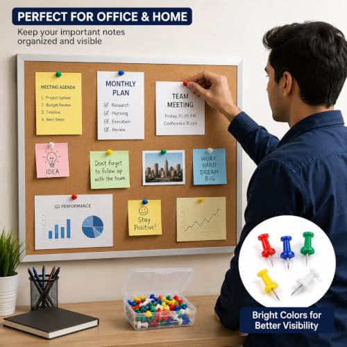 Image of Steel Push Pins Pack of 50 | Multicolour Head Thumb Tacks with Sharp Steel Pins for Notice Board, Bulletin Board, Cork Board, Office, School, Classroom, Home & Craft Display