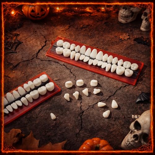 Image of Nuanchu 56 Pcs False Teeth Acrylic Resin, 2 Set A2 Shade Denture Teeth Replacement Kit Solid Synthetic Polymer Fake Tooth for Halloween Horror Props DIY Costume Dental Teaching Model