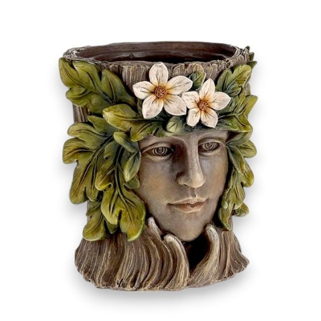Divas World Enchanted Green Man or Lady Head Planter Pot 3D Wooden Effect Resin Flower Pots Decorative Garden Sculpture with Leaf & Floral Design Outdoor Decor (Lady Planter)