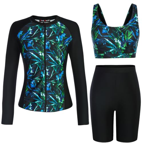 Image of JACK SMITH Women's 3 Piece Long Sleeve Rash Guard Swimsuits Zip Front Bathing Suit Tankini Swimsuits UPF 50