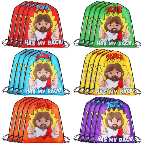 24 Pcs Religious Drawstring Bags Bulk Christian Gift Bags, Jesus Has My Back Vbs Backpacks for Sunday School, Bible Drawstring Backpack Graduation Church Camp Party Favors