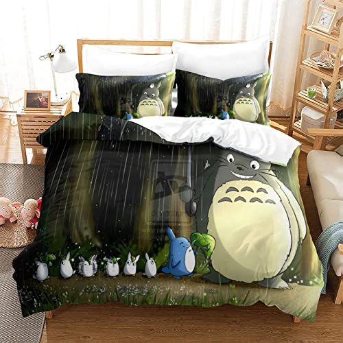 Parure de lit en Microfibre avec Housse de Couette Anime Totoro, Housse de Couette et taie d'oreiller avec Impression 3D, avec Fermeture éclair, Ensemble Doux de 3 pièces(220 x 240 cm).