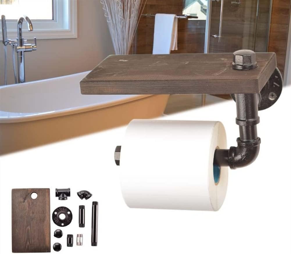 Toilet Paper Holder Rustic Bathroom Shelves, Industrial Retro Iron Toilet Paper Holder, Bathroom Hotel Roll Paper, Tissue Hanging Rack Wooden Shelf Wall Mounted