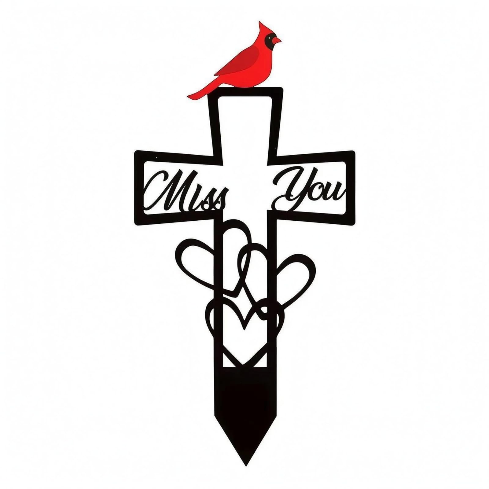 Black Iron Miss You Stake Decorative Cutout Cross Memorial Stake Pointed Insert Cemetery Grave Marker Outdoor Display for Garden, Grass, Cardinal-image-30