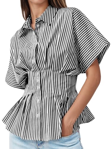 Tankaneo Womens Striped Peplum Button Down Shirts Short Sleeve Pleated Tops Summer Business Casual Blouses