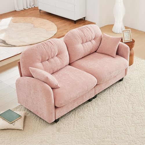 Image of KEIKI 74 inch Oversized Chenille Modular Sectional Loveseat Sofa with High-Density Foam Cushions and Tufted Pleated Cushion Backrest, Upholstered 2-Seater Cloud Couch with 2 Pillow, for Living Room, Pink