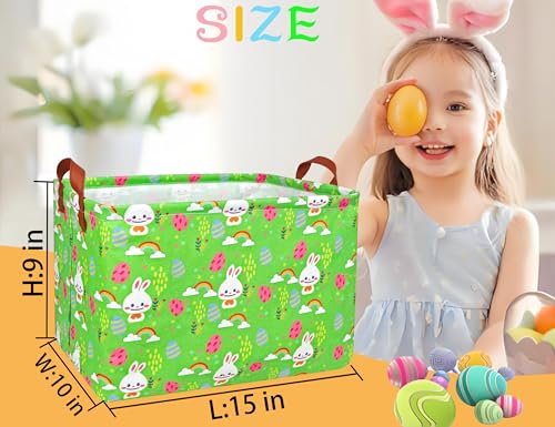 Image of Rectangle Empty Easter Baskets Boy Large Toy Storage Bin Girls collapsible Hamper Waterproof Canvas Box Kid Gifts Spring Decor( Rainbow Rabbit Egg )