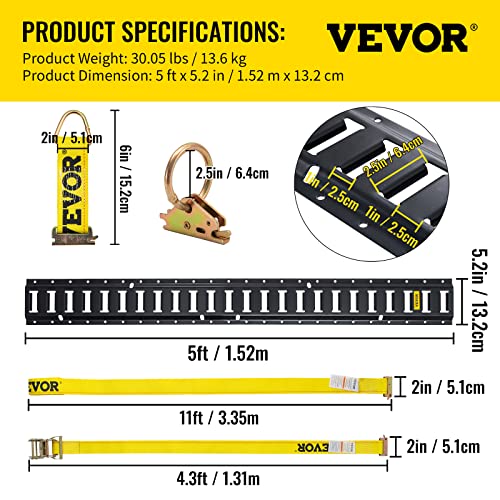 Vevor E-Track Tie-Down Rail Kit, 5' E Tracks Set, 18Pcs Includes 4 Steel Rails & 2 Single Slots & 6 O-Rings & 4 Tie-Offs W/D-Ring & 2 Ratchet Straps, Cargo Motorcycles Bikes Securing Accessories #TOP6