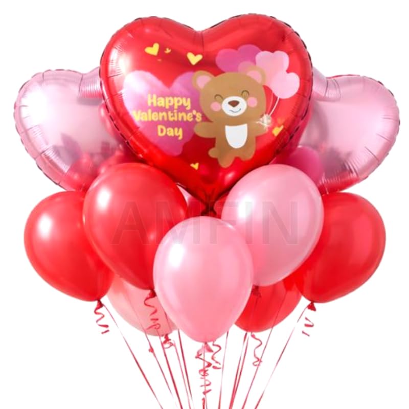 Image of AMFIN (Pack of 9) Happy Valentine's Day Balloon Decoration Set | Romantic Heart Foil Bouquet Metallic Helium Bunch Proposal Anniversary Celebration Party Decor - Red Teddy