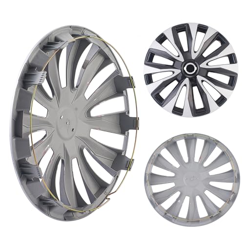 Image of Black with Silver Car Vehicle Chrome Wheel Rim Skin Cover 14 inch Automotive Hubcap Wheel Cover Replacement Sporty Hubcaps Rim Protection Accessories Set of 4, 14 inch