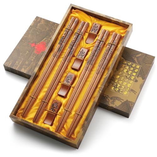 Chopsticks, Chinese Dragon and Phoenix Chopstick with Holder, Chopsticks Reusable Dishwasher Safe, Chop Sticks Gift Sets (4 Pairs)