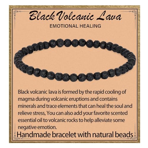 LPBeads Handmade Natural Gemstone Stretch Elastic 4mm Black Lava Bracelet Healing Crystal Round Stone Beads Jewelry Gifts for Women Men