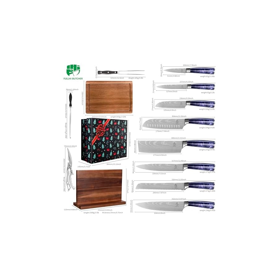 FULLHI-13pcs-gift-box-Knife-Set-with-Magnetic-Knife-Block-HolderCutting-Boardskitchen-Scissorsturkey-forksharpening-rodKitchen-Knife-Set-First-choice-for-gift-giving-Purple-Resin FULLHI 13pcs gift box Knife Set with Magnetic Knife Block Holder,Cutting Boards,kitchen Scissors,turkey fork&sharpening rod,Kitchen Knife Set First choice for gift giving (Purple Resin)