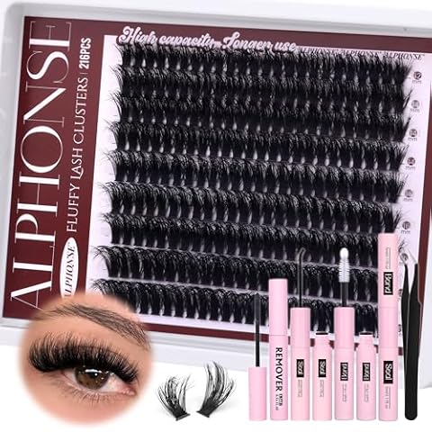 Fluffy Lash Clusters Kit 80D Cluster Eyelash Extensions Thick Volume Individual Lashes Kit DIY Lash Extension Kit with Lash Bond and Seal Remover Lash Kit by ALPHONSE Cover