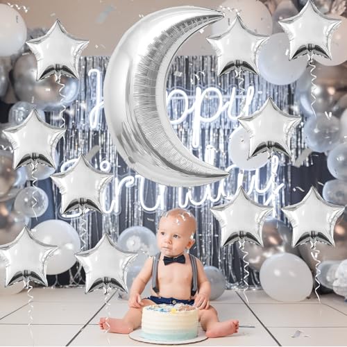 Image of Moon and Star Balloons New Years Balloons 36 /18 Inch Metallic Silver Moon Five Angle Stars Foil Balloon for Happy New Year Eve Ramadan Baby Shower Engagement Birthday Anniversary Party Decor