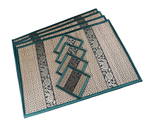 Cccollections Hand-Woven Table Placemats & Coasters Set for Everyday Dining, Large St Dark Green